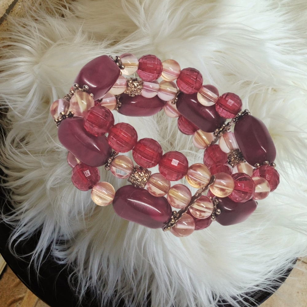 Burgundy,  Red, and Peach Triple Layer Handmade Slip-on Bracelet